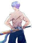  arms_behind_back bare_back blue_eyes dragon_ball dragon_ball_z expressionless facing_away looking_down male_focus pants profile purple_hair rochiko_(bgl6751010) scar short_hair simple_background solo sword trunks_(dragon_ball) weapon white_background 