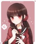  :t anger_vein artist_name atobesakunolove bangs blunt_bangs blush bow brown_hair closed_mouth collarbone danganronpa eyebrows_visible_through_hair hair_ornament hair_scrunchie harukawa_maki heart highres long_sleeves looking_at_viewer low_twintails mole mole_under_eye neckerchief new_danganronpa_v3 pink_background playing_with_own_hair pout red_eyes red_scrunchie red_shirt ringed_eyes school_uniform scrunchie serafuku shirt solo speech_bubble spoken_anger_vein tsundere twintails upper_body watermark web_address white_bow white_neckwear 