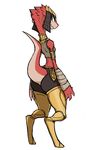  4_fingers anthro arm_wraps armor blue_eyes breasts butt_pose clothed clothing digitigrade drauk ear_piercing ever_oasis female guoh headwear legwear looking_back midriff miura nintendo piercing pink_scales red_scales scales scalie side_boob small_breasts smile solo thigh_highs video_games wide_hips wraps 