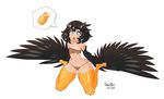  2017 5_toes animal_humanoid avian bird black_feathers black_hair blue_eyes blush clothed clothing corvid crow cute dark_souls dark_souls_3 digital_media_(artwork) feathered_wings feathers female flat_chested hair harpy hi_res humanoid kneeling looking_at_viewer midriff monster_girl_(genre) navel on_ground open_mouth pickle-pee simple_background sitting skimpy solo tangobat teeth toes video_games wings 