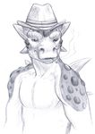  2009 ankylosaurian anthro biped bust_portrait cigarette dinosaur fedora front_view gastonia greyscale hat male monochrome mostly_nude naked_hat pecs pencil_(artwork) portrait scales scalie sickeleye simple_background smile smoking solo spikes traditional_media_(artwork) white_background 