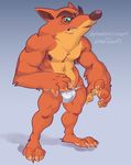 2017 anthro bandicoot big_muscles clothed clothing crash_bandicoot crash_bandicoot_(series) e-w01f eyebrows green_eyes hi_res male mammal marsupial muscular muscular_male nipples simple_background solo topless underwear video_games 