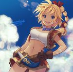  :d anniversary ass_visible_through_thighs bangs blonde_hair blue_eyes blue_sky breasts brown_gloves chrono_cross cloud commentary copyright_name cowboy_shot crop_top cropped_jacket day dutch_angle facial_mark gloves hand_on_hip hazuki_gean high_ponytail jacket jewelry kid_(chrono_cross) knife long_hair looking_at_viewer medium_breasts multi-tied_hair navel necklace open_clothes open_jacket open_mouth outdoors ponytail short_sleeves signature skirt sky smile solo weapon 