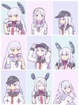  &gt;:) :d ^_^ adjusting_clothes adjusting_hat blue_eyes closed_eyes collarbone commentary cosplay costume_switch flat_cap gloves hairband hat headgear hibiki_(kantai_collection) hibiki_(kantai_collection)_(cosplay) highres kantai_collection long_hair multiple_girls murakumo_(kantai_collection) murakumo_(kantai_collection)_(cosplay) nakaaki_masashi necktie open_mouth orange_eyes purple_eyes remodel_(kantai_collection) sagiri_(kantai_collection) sagiri_(kantai_collection)_(cosplay) silver_hair smile sweatdrop triangle_mouth twitter_username v-shaped_eyebrows 