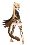  black_shirt blonde_hair boots brown_hair cheetah_ears cheetah_print cheetah_tail elbow_gloves extra_ears from_behind frown full_body gloves gradient_hair hands_on_hips ise_(0425) kemono_friends king_cheetah_(kemono_friends) knee_boots long_hair looking_back multicolored_hair print_footwear print_gloves print_legwear print_skirt shirt simple_background skirt solo standing thighhighs v-shaped_eyebrows very_long_hair white_background yellow_eyes zettai_ryouiki 