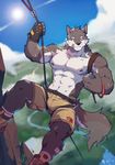  2017 abs absurd_res anthro belt biceps canine clothed clothing digital_media_(artwork) fur hi_res male mammal muscular muscular_male nipples pecs shorts silentheaven simple_background solo topless wolf 