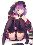 bare_shoulders black_legwear black_panties commentary d; detached_collar detached_sleeves fate/grand_order fate_(series) flat_chest hand_on_headwear hat helena_blavatsky_(fate/grand_order) jacket looking_at_viewer no_shoes one_eye_closed open_mouth panties purple_eyes purple_hair short_hair solo spread_legs strapless sumisu_(mondo) thighhighs tree_of_life underwear 