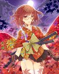  :d backlighting black_gloves black_skirt blurry_foreground bottomless bow breasts brown-framed_eyewear brown_eyes brown_hair cloud cloudy_sky cowboy_shot curly_hair fingerless_gloves floral_print garter_belt glasses gloves japanese_clothes jitome katana kazu kikuko_(kazu) kimono large_bow leaf looking_at_viewer medium_breasts moon night night_sky no_pussy obi open_mouth original sash sheath sheathed short_hair short_kimono short_yukata skirt sky smile solo sword tasuki thighhighs tree_branch weapon white_legwear wind wind_lift wrist_guards yukata 