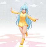  :d antenna_hair artist_name blue_eyes blue_hair blush boots commentary denpa_onna_to_seishun_otoko eyebrows_visible_through_hair eyes_visible_through_hair kuroonehalf long_hair looking_at_viewer open_mouth outstretched_arms raincoat rubber_boots running smile solo spread_arms touwa_erio very_long_hair 