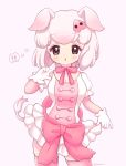  :o animal_ears artist_name bow commentary cowboy_shot double-breasted eyebrows_visible_through_hair gloves hair_ornament hairclip heart kemono_friends looking_at_viewer medium_hair neck_ribbon nemuri_(ppxxxk) pig_(kemono_friends) pig_ears pig_tail pink_bow pink_eyes pink_hair pink_legwear pink_ribbon puffy_short_sleeves puffy_sleeves ribbon short_sleeves simple_background skindentation skirt_hold solo tail thighhighs twitter_username white_gloves 