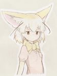 animal_ears blonde_hair bow bowtie breast_pocket brown_eyes extra_ears eyebrows_visible_through_hair fennec_(kemono_friends) fox_ears frown highres kemono_friends looking_at_viewer muted_color pink_sweater pocket short_hair short_sleeve_sweater short_sleeves sketch solo sweater texture traditional_media uepon_(shimo_ponzu) upper_body yellow_neckwear 