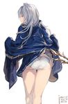  ass branch brown_eyes from_behind granblue_fantasy jacket_lift kneepits long_hair looking_back panties sabanobori silva_(granblue_fantasy) silver_hair simple_background skirt skirt_lift solo underwear white_background 