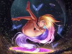  1girl :d armband artist_name ass barefoot blue_eyes blue_hair butterfly dark_skin feet floating gradient_hair heterochromia league_of_legends long_hair magic mayhem multicolored_hair nude orange_hair orange_skin pink_eyes pink_hair purple_hair smile solo sparkles teeth toes very_long_hair zoe_(league_of_legends) 