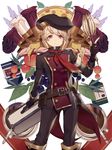  bad_id bad_pixiv_id bangs black_gloves black_jacket black_pants blonde_hair boots candle carchet closed_mouth flower gloves hat holding holding_weapon jacket lavender_(flower) looking_at_viewer mace male_focus necktie original pants red_eyes red_neckwear solo standing suitcase weapon 