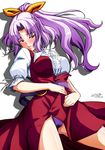  blush bow breasts dress hair_bow large_breasts long_hair panties ponytail purple_eyes purple_hair short_sleeves solo tatsuya_(guild_plus) touhou underwear watatsuki_no_yorihime 