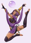  bangs barefoot blunt_bangs crystal_ball dark_skin fingerless_gloves gloves green_eyes highres looking_at_viewer menat navel nigou open_mouth purple_hair short_hair smile solo street_fighter street_fighter_v thighhighs tiara toeless_legwear white_background 