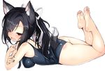  animal_ears armpits ass azur_lane bare_arms bare_legs bare_shoulders barefoot black_hair blue_nails blue_swimsuit breasts commentary_request competition_swimsuit dog_ears dog_tail eyebrows_visible_through_hair fangs feet flat_ass full_body hair_ribbon half-closed_eyes legs_up long_hair lying medium_breasts nail_polish on_stomach one-piece_swimsuit open_mouth ponytail red_eyes ribbon saki_chisuzu school_swimsuit shigure_(azur_lane) shiny shiny_clothes simple_background soles solo swimsuit tail the_pose toes tsurime v-shaped_eyebrows wet white_background white_ribbon 