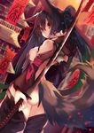  animal_ears ass bangs black_hair blurry blush breasts closed_mouth commentary_request cowboy_shot depth_of_field fox_ears fox_girl fox_tail hair_between_eyes holding holding_sword holding_weapon japanese_clothes katana large_breasts long_hair looking_at_viewer looking_back medium_breasts nekoboshi_sakko no_panties original outdoors purple_eyes red_eyes reverse_grip sideboob solo standing sword tail talisman thighs twintails uchigatana weapon 