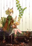  :d acorn animal animal_ears asymmetrical_hair autumn_leaves bangs boots braid brown_eyes brown_footwear cape chair dress fox fox_ears fox_girl fox_tail frilled_dress frills green_hair green_legwear green_scarf hair_ornament highres jack-o'-lantern leaf leaf_hair_ornament leg_up long_hair long_sleeves looking_at_viewer maple_leaf multiple_tails mushroom okishiji_en open_mouth original pumpkin scarf single_braid sitting smile socks solo tail wooden_floor wooden_wall 