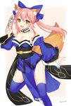  blush brown_eyes caster_(fate/extra) dress fate/extra kitsune_mimi long_hair pink_hair smile tail twintails 