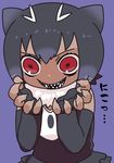  bob_cut dark_skin elbow_gloves evil_smile fingerless_gloves fingernails frilled_swimsuit frills giant_otter_(kemono_friends)_(kuro_(kurojill)) gloves kemono_friends kuro_(kurojill) original otter purple_background red_eyes sharp_fingernails sharp_teeth short_hair simple_background smile solo swimsuit teeth 