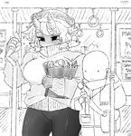  1girl bald bangs blush breasts broken bus_interior closed_mouth covered_mouth earphones embarrassed fingerless_gloves full-face_blush gloves greyscale groceries hat height_difference holding jacket large_breasts latenight long_sleeves monochrome monster_girl monster_girl_encyclopedia oni oni_horns pants pointy_ears red_oni_(monster_girl_encyclopedia) scarf short_hair standing sweat sweater |_| 