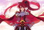  braid cape colorized commentary_request elesis_(elsword) elsword empire_sword_(elsword) expressionless eyebrows_visible_through_hair gloves hair_ribbon hands_together highres jacket long_hair mellchi ponytail red_eyes red_hair ribbon solo sword weapon 