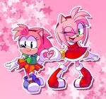  &lt;3 amy_rose anthro black_nose boots clothing dress duo female footwear gloves green_eyes hairband hedgehog hi_res mammal one_eye_closed rosy_the_rascal smile sonic_(series) video_games wink zoiby 
