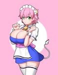  :o absurdres apron bad_id bad_pixiv_id blue_dress breast_squeeze breasts cleavage commission cow_horns cow_tail detached_collar dress dungbae elfleda_mirjasdottir green_eyes highres horns huge_breasts looking_at_viewer lotte_no_omocha! maid maid_headdress microdress panties pink_hair pink_panties pointy_ears sash short_hair skindentation solo tail tail_raised thighhighs underwear waist_apron white_legwear wrist_cuffs 