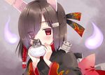  animal_ears azur_lane black_hair carrying commentary_request fake_animal_ears hair_ornament hair_over_one_eye hairpin hitodama looking_at_viewer red_eyes shiranui_(azur_lane) short_hair simple_background solo sumomo_(peach-breath) 