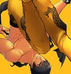  black_hair brown_eyes flats houjohh kung_fu male_focus marshall_law muscle pants pectorals scar shirtless solo studded_bracelet tekken thick_eyebrows upside-down 
