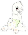  anthro asriel_dreemurr blush brown_eyes caprine cub cuddlehooves diaper fur goat looking_at_viewer male mammal monster sitting solo undertale video_games white_fur young 