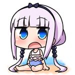  blue_eyes casual_one-piece_swimsuit chibi commentary_request hair_bobbles hair_ornament hana_kazari kanna_kamui kobayashi-san_chi_no_maidragon long_hair looking_at_viewer low_twintails one-piece_swimsuit open_mouth purple_hair simple_background sitting solo swimsuit twintails 