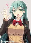  :d blouse breasts brown_jacket brown_sweater cardigan gin'ichi_(akacia) green_eyes green_hair grey_background heart jacket kantai_collection large_breasts long_hair long_sleeves neck_ribbon open_mouth red_ribbon remodel_(kantai_collection) ribbon school_uniform simple_background smile solo suzuya_(kantai_collection) sweater white_blouse 