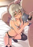  1girl ahoge artoria_pendragon_(all) black-framed_eyewear black_legwear boxer_briefs bra braid breasts breath cleavage commentary_request covered_nipples eyebrows_visible_through_hair fat fat_man fate/grand_order fate_(series) garter_belt glasses hair_between_eyes hair_bun hair_ribbon hand_on_another's_head heavy_breathing hetero indoors light_brown_hair male_underwear mysterious_heroine_x_(alter) namonashi navel on_bed panties ribbon semi-rimless_eyewear short_hair size_difference small_breasts squatting sweat thighhighs under-rim_eyewear underwear underwear_only white_bra white_panties yellow_eyes 