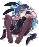  1girl blue_hair blush bunny_ears bunnysuit gashi-gashi high_heels long_hair pantyhose red-framed_glasses 
