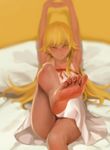  absurdres arms_up as109 barefoot blonde_hair blurry depth_of_field detexted dress feet foreshortening highres leg_up long_hair looking_at_viewer lying monogatari_(series) non-web_source on_back oshino_shinobu own_hands_together pov pov_feet scan short_dress smile soles solo third-party_edit toes white_dress yellow_eyes 