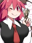  ;q bat_wings blush breasts commentary_request dress_shirt grappling_hook hammer_(sunset_beach) head_wings koakuma large_breasts looking_at_viewer necktie one_eye_closed pear_of_anguish red_eyes red_hair shirt simple_background smile solo tongue tongue_out touhou upper_body wings 