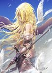  armor armored_dress artist_name bare_shoulders bird black_gloves blonde_hair blue_eyes character_name closed_mouth commentary_request dove fate/apocrypha fate_(series) faulds feathers from_side gauntlets gloves headpiece highres jeanne_d'arc_(fate) jeanne_d'arc_(fate)_(all) long_hair looking_down motion_blur profile sa'yuki seagull sheath sheathed sky solo staff sword weapon wind 