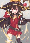  bandaged_leg bandages belt black_belt black_gloves black_hair black_legwear cape collar dress fingerless_gloves gloves hat holding holding_staff kono_subarashii_sekai_ni_shukufuku_wo! megumin mismatched_legwear red_dress red_eyes short_hair_with_long_locks single_thighhigh solo staff thighhighs unel witch_hat 