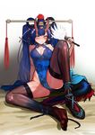  bad_id bad_pixiv_id bangs black_legwear blue_hair blue_leotard blush breasts cleavage closed_mouth commentary commission destiny_child dragon_tail fan hair_rings highleg highleg_leotard highres holding holding_fan horns knee_up large_breasts leotard loncspace long_hair looking_at_viewer oni_horns original shoes single_shoe sitting solo tail thighhighs thighs toes twintails very_long_hair 