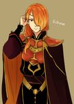  armor blonde_hair bracelet brown_background cape circlet copyright_name fire_emblem fire_emblem_echoes:_mou_hitori_no_eiyuuou hair_over_one_eye jewelry long_hair low_ponytail luthier_(fire_emblem) male_focus multicolored_hair orange_hair saichi_(meme+) simple_background solo two-tone_hair upper_body 