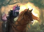  2017 anthro armor braided_hair breasts brown_hair canine clothed clothing day detailed_background digital_media_(artwork) dog duo equine feral forest hair horse kardie mammal outside purple_hair riding saddle tree 