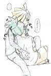  2boys blonde_hair blush color_trace colored_pencil_(medium) gladio_(pokemon) green_eyes hair_over_one_eye hau_(pokemon) hood hoodie male_focus multiple_boys on_lap pokemon pokemon_(game) pokemon_sm shirt short_ponytail shorts sitting spoken_ellipsis t-shirt toshiharu_(s_narutoshi) traditional_media yaoi 