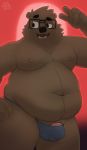  anthro barely_visible_genitalia belly black_nose brown_fur clothed clothing english_text eyewear fupa fur glasses kemono male mammal nipples outside overweight overweight_male partially_clothed peace_sign_(disambiguation) penis sketch smile softscone teeth text thong ursine 
