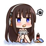  azur_lane bare_shoulders black_hair blue_eyes blush chibi chips cola commentary_request eating food hana_kazari headphones long_hair long_island_(azur_lane) looking_at_viewer mouth_hold potato_chips shirt simple_background sitting snack soda_bottle solo spoken_squiggle squiggle t-shirt translation_request white_background 