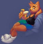  2013 anthro banana boxers_(clothing) bulge cat clothing feet feline food fruit fur legwear looking_at_viewer male mammal open_mouth oselotti red_eyes simple_background sitting socks solo tongue tongue_out underwear yellow_fur 