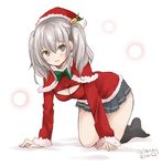  all_fours artist_name black_legwear black_skirt blush breasts cleavage_cutout grey_eyes hair_ornament hat kantai_collection kashima_(kantai_collection) large_breasts looking_at_viewer no_shoes pleated_skirt ragho_no_erika santa_costume santa_hat silver_hair simple_background skirt solo twintails white_background 