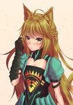  adjusting_hair ahoge animal_ears aqua_jacket aqua_skirt arm_guards armor atalanta_(fate) brown_background buckle cat_ears cat_tail cleavage_cutout closed_mouth cropped_jacket eyebrows_visible_through_hair fate/apocrypha fate/grand_order fate_(series) flat_chest frown green_hair hand_in_hair highres jacket long_hair looking_at_viewer ma_kimere nose puffy_short_sleeves puffy_sleeves short_sleeves simple_background skirt solo tail very_long_hair yellow_eyes 