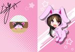  :d animal_costume animal_hood artist_name bunny_costume bunny_hood bunny_tail chibi hands_on_own_thighs hood jinguu_(4839ms) looking_at_viewer mouse onesie open_mouth original parted_lips pink_background signature smile solo standing star star_print tail 